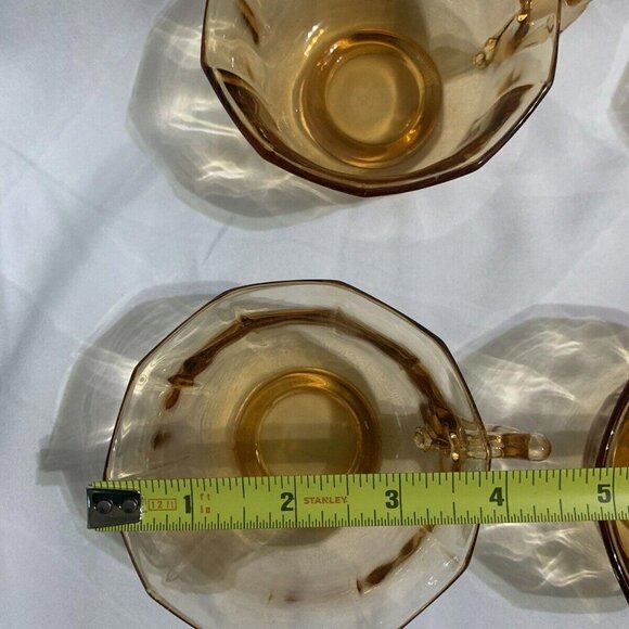 Vintage Cambridge Decagon 8 Amber Glass Cups & Saucers Signed Home Decor Tea - Picture 11 of 15